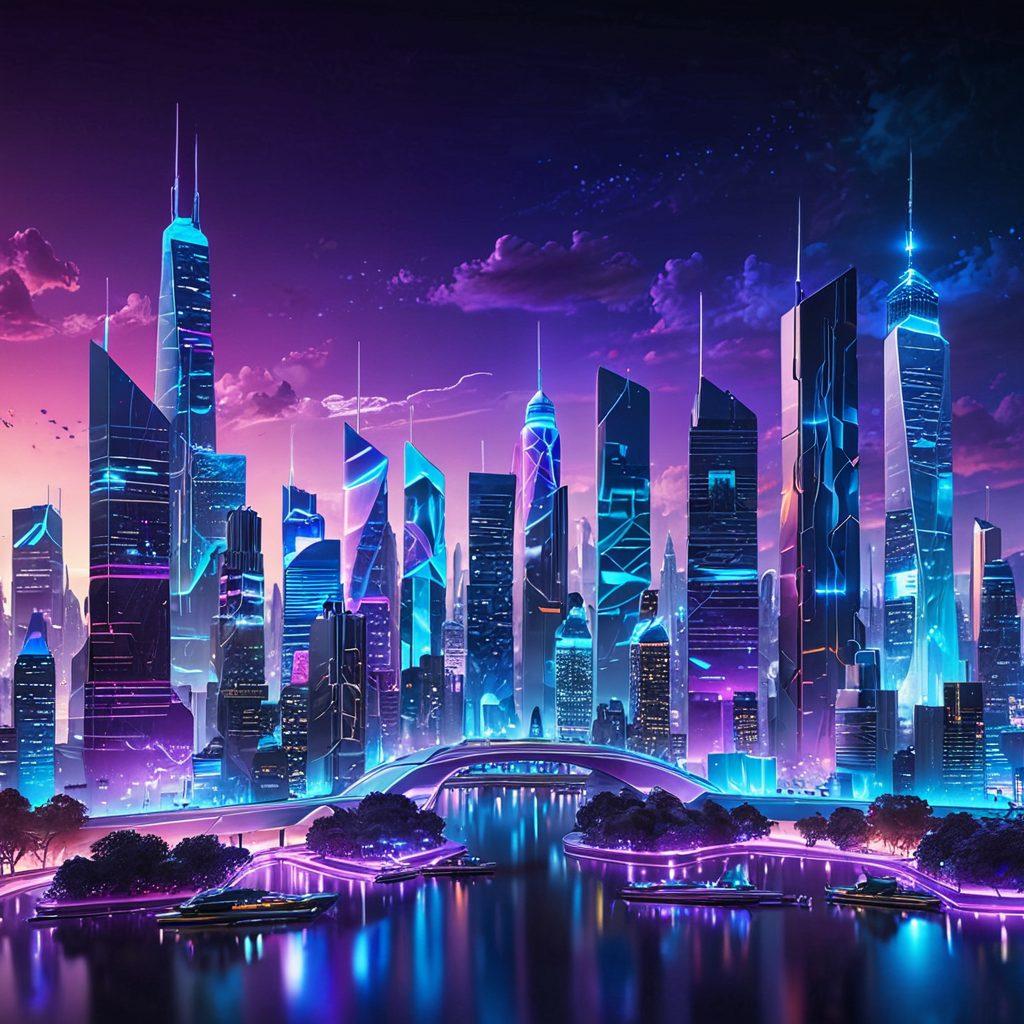 A futuristic city skyline bustling with advanced technology, showcasing innovative Qubic Concepts as floating digital displays and holograms. Bright neon lights and abstract geometric shapes represent creativity and innovation, while diverse groups of people interact with this technology, illustrating collaboration and growth. The sky transitions in vibrant colors of blue and purple, capturing a sense of limitless possibilities. super-realistic. vibrant colors. 3D.