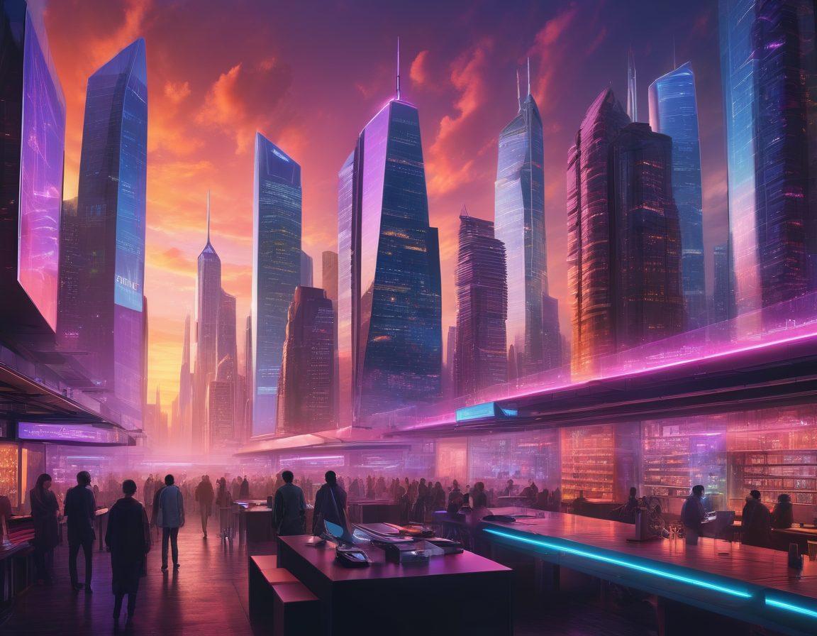 A futuristic city skyline filled with innovative technology, bright neon lights illuminating the streets, and creative individuals brainstorming ideas in a collaborative workspace. Incorporate elements like holographic displays showcasing tech trends and a colorful sunset in the background. In the foreground, books and digital devices symbolize creativity and knowledge. super-realistic. vibrant colors. cyberpunk.